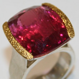 rubellite set in gold and silver ring - what a stone!